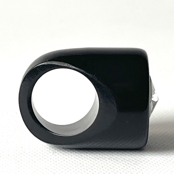 Vintage Size 5.75 Lucite Ring Chunky Flat Top Dome Black w Rhinestone Statement - Picture 7 of 14